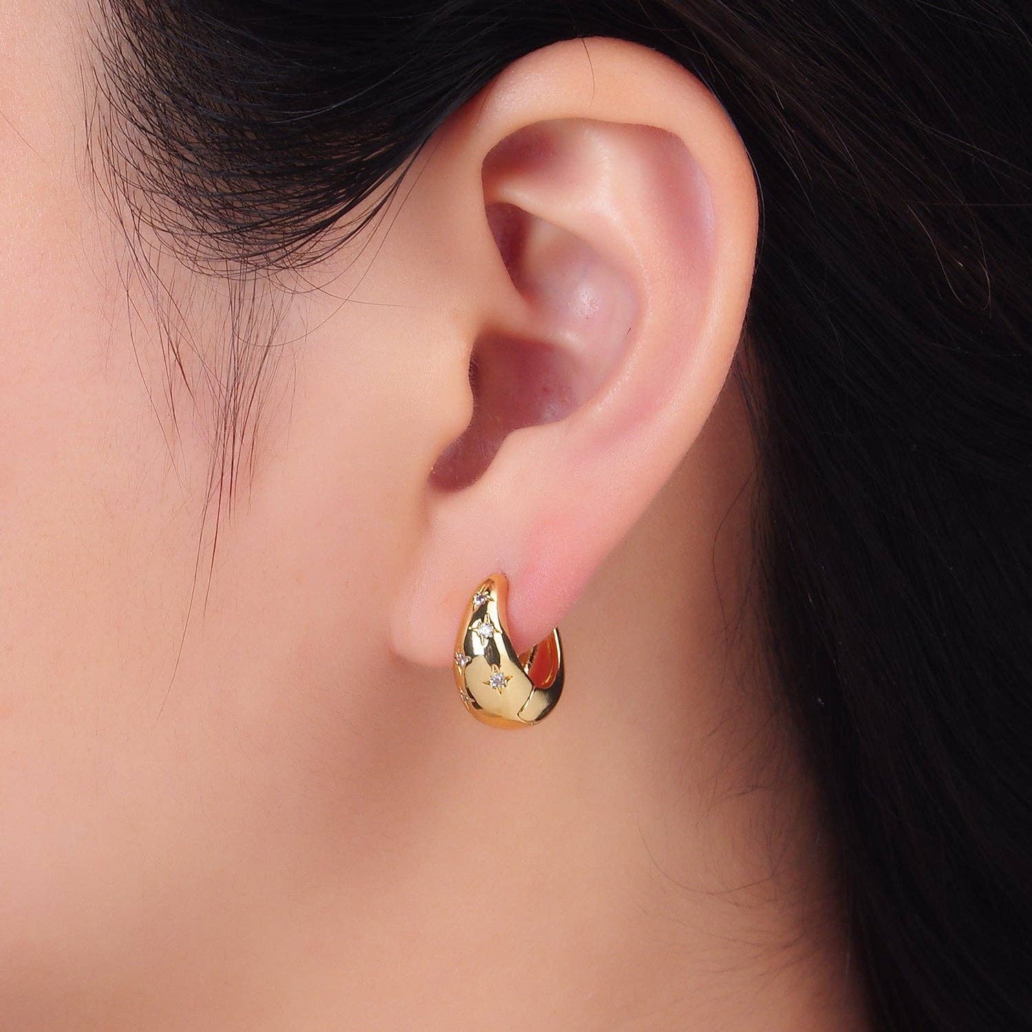 24K Gold Filled Celestial North Star CZ Dome Huggie Earrings