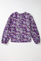 Boho Flower V-Neck Bubble Sleeve Top: Purple