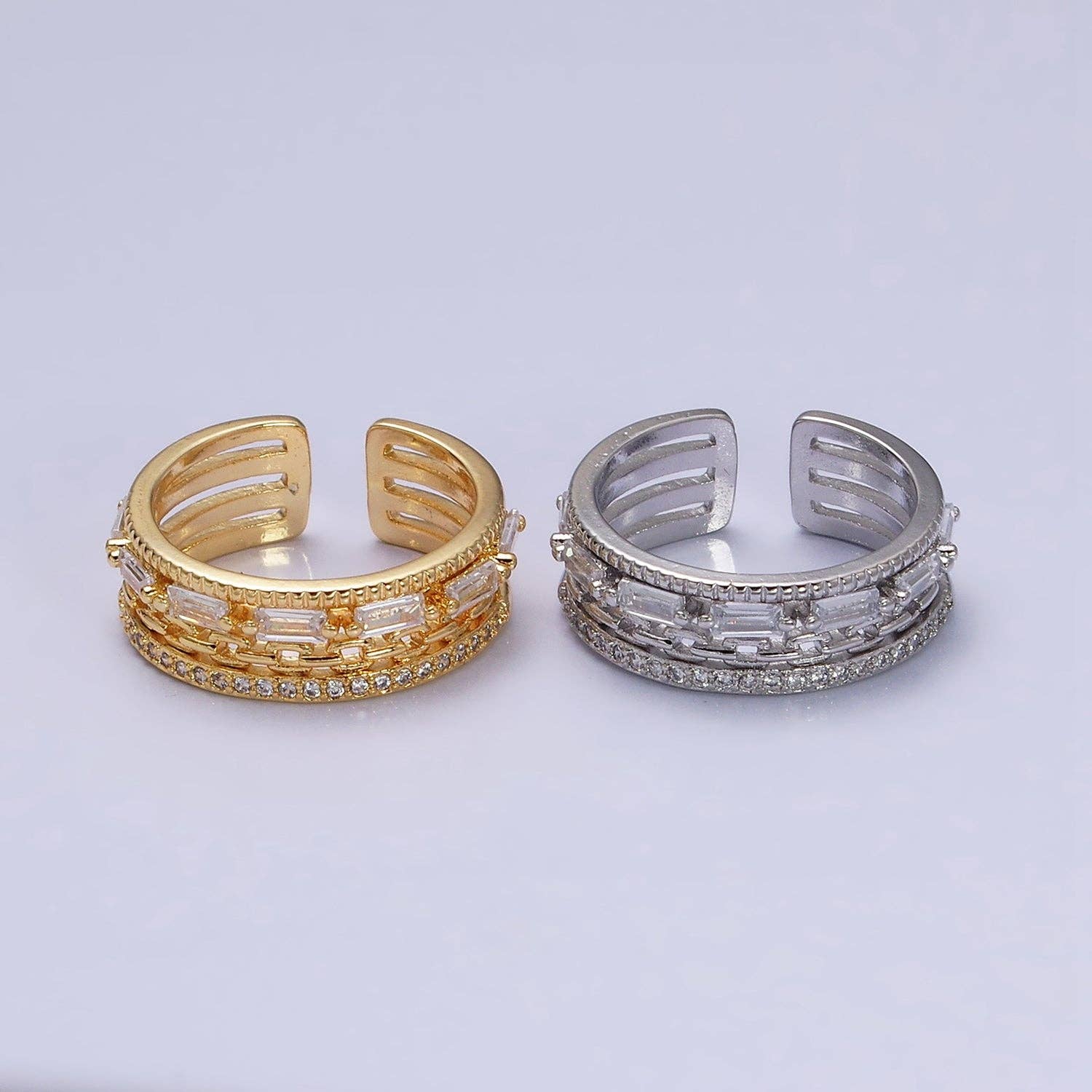 Gold Filled Clear CZ Baguette Cable Link Multiple Band Ring: Silver