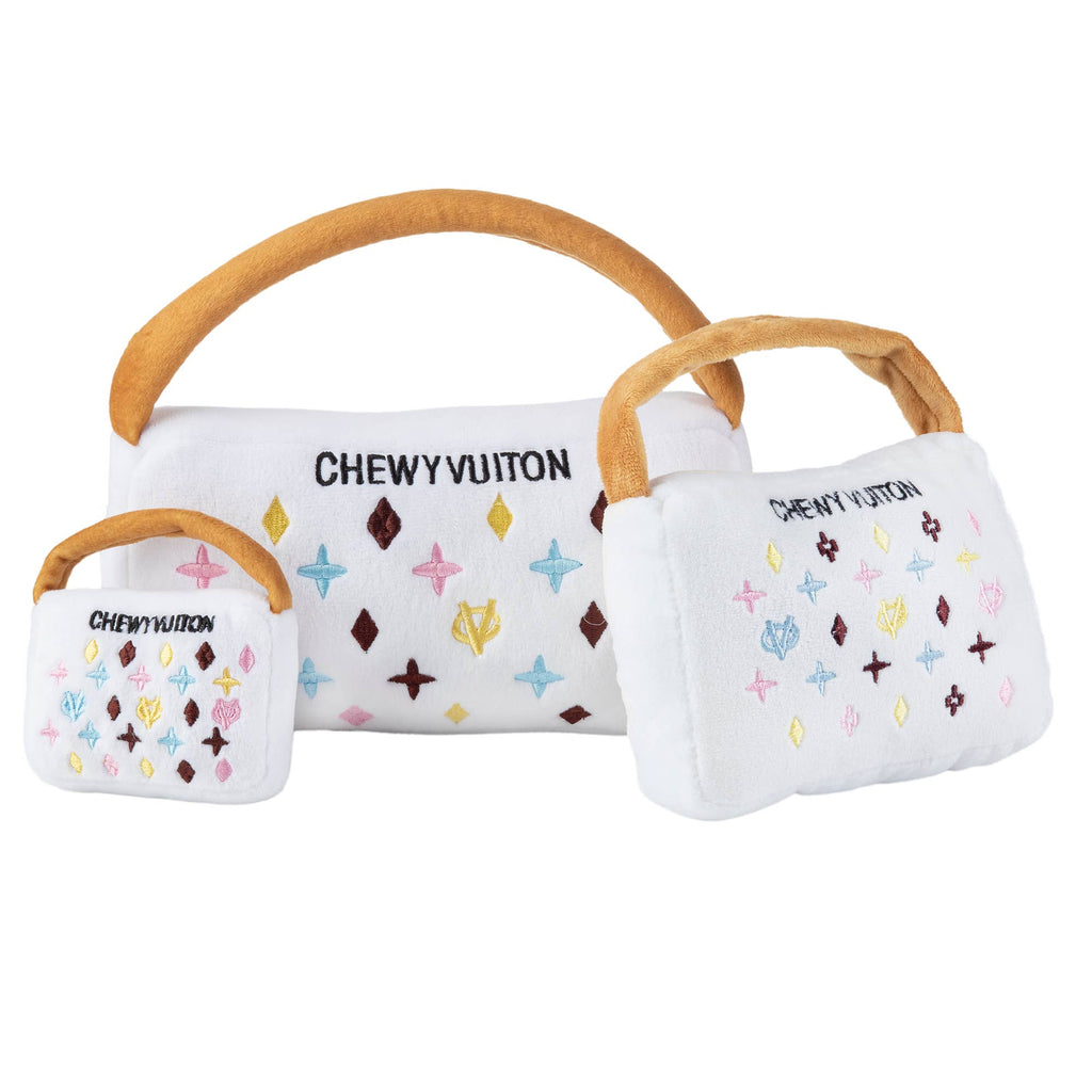 White Chewy Vuiton Purses Squeaker Dog Toy: Small / Mini