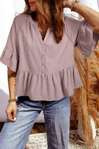 Solid Split V-Neck Ruffle Sleeve Peplum Blouse: Sepia Rose