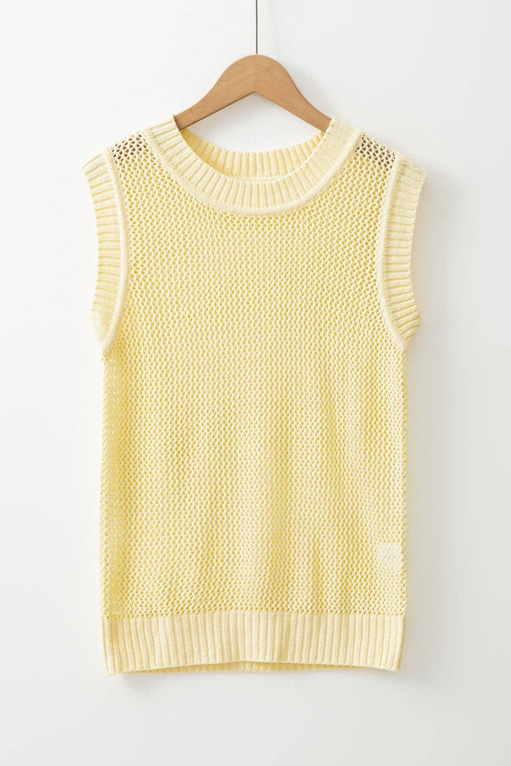 Solid Hollowed Knit Sleeveless Sweater Top: Yellow