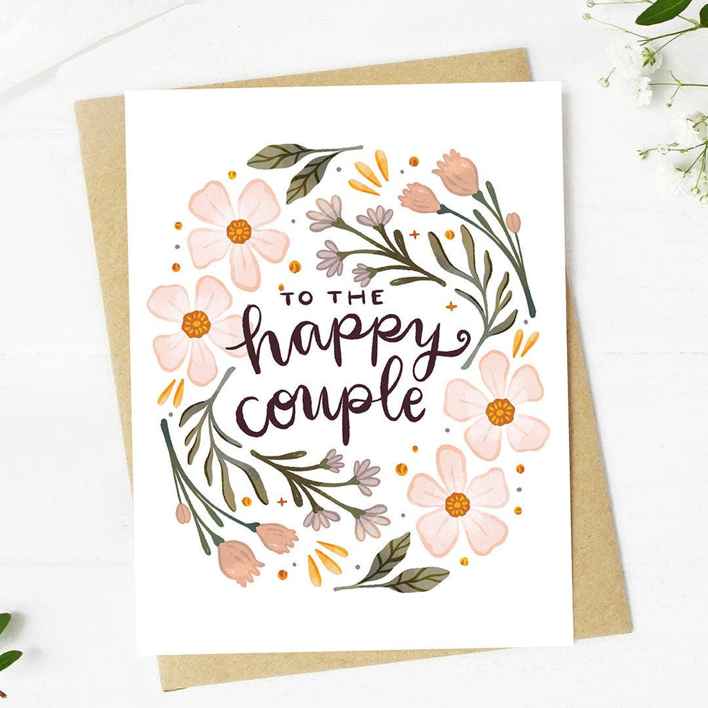 "To the happy couple" Pink Florals Cursive Text Wedding Card