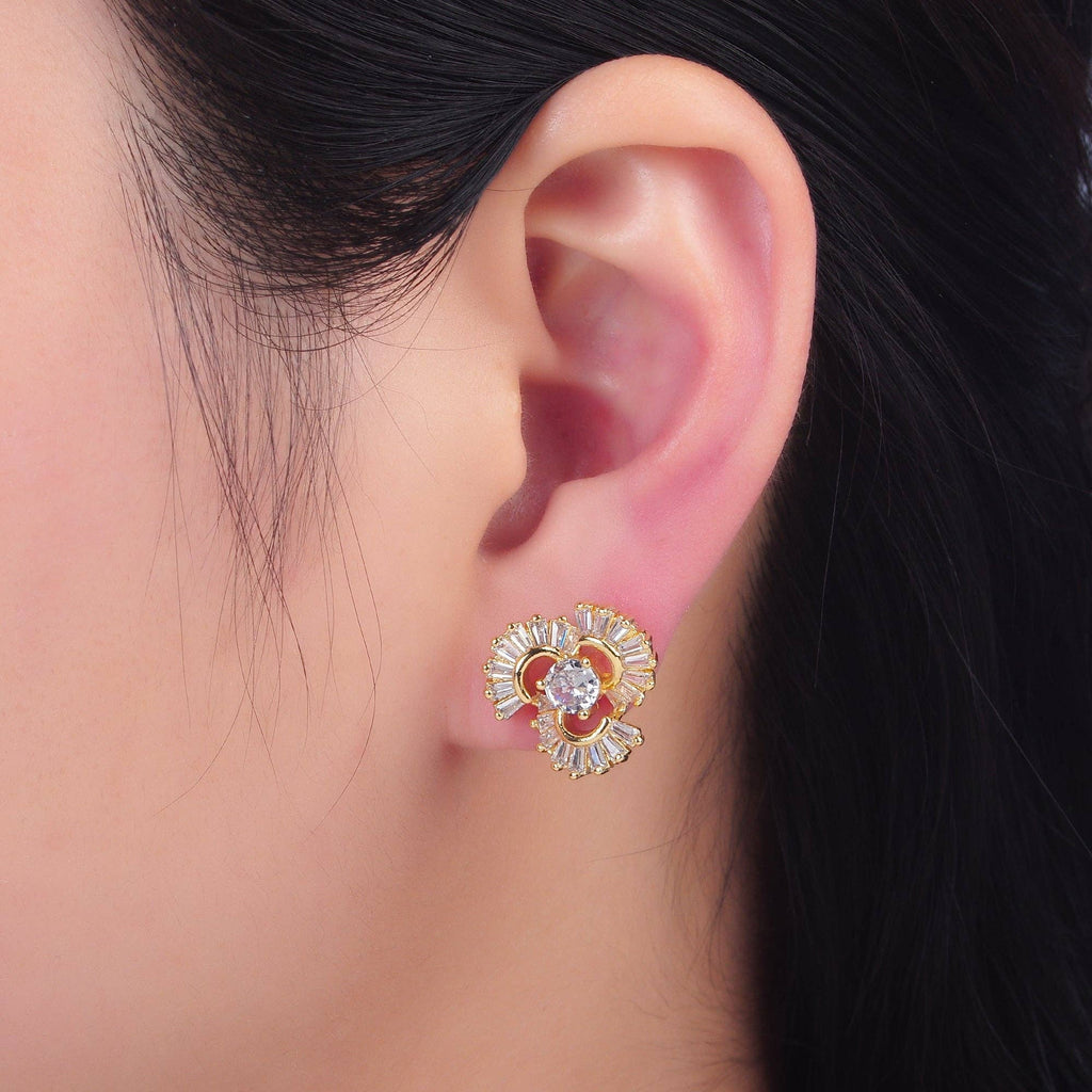 24K Gold Filled CZ Round Baguette Circular Geometric Stud Earrings