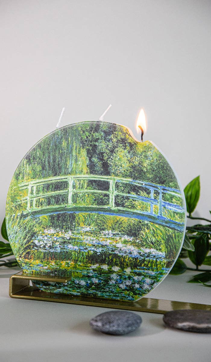 Flat Hand-Crafted 6" Round Candle - Claude Monet Footbridge