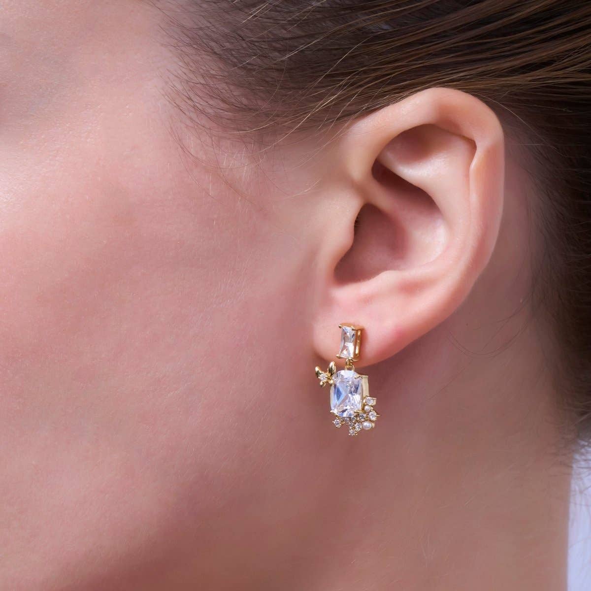 Clear CZ Baguette Pearl Cluster Drop Stud Earrings in Silver