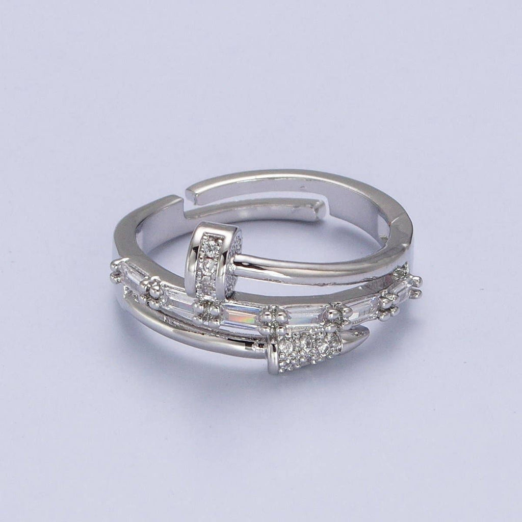 Clear Micro Paved Baguette Adjustable Nail Ring in Silver