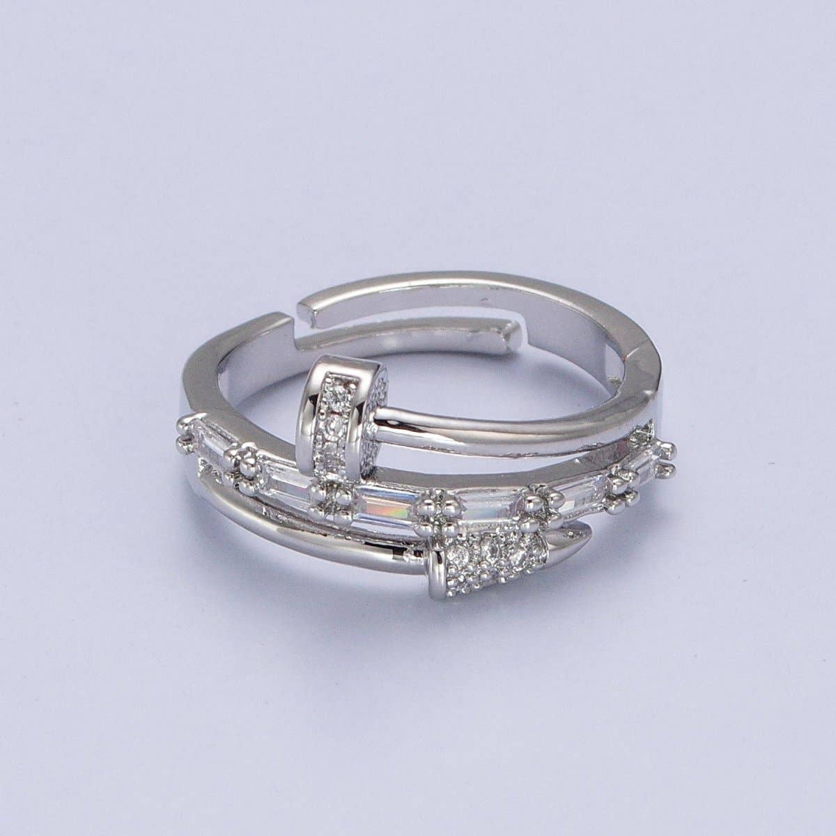 Clear Micro Paved Baguette Adjustable Nail Ring in Silver