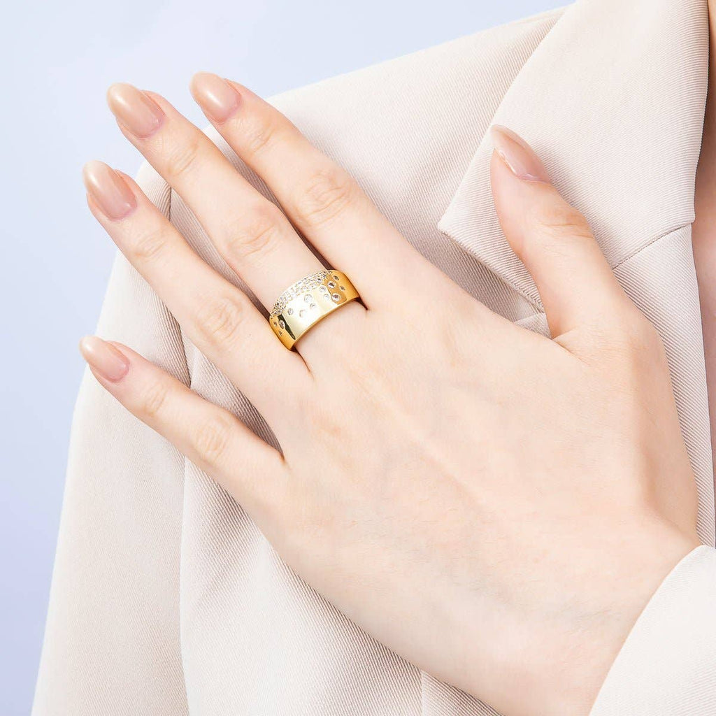 16K Gold Filled Clear CZ Dotted Micro Paved Wide Ring