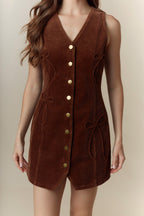 Bow Detailed Corduroy Vest Mini Dress (Brown)