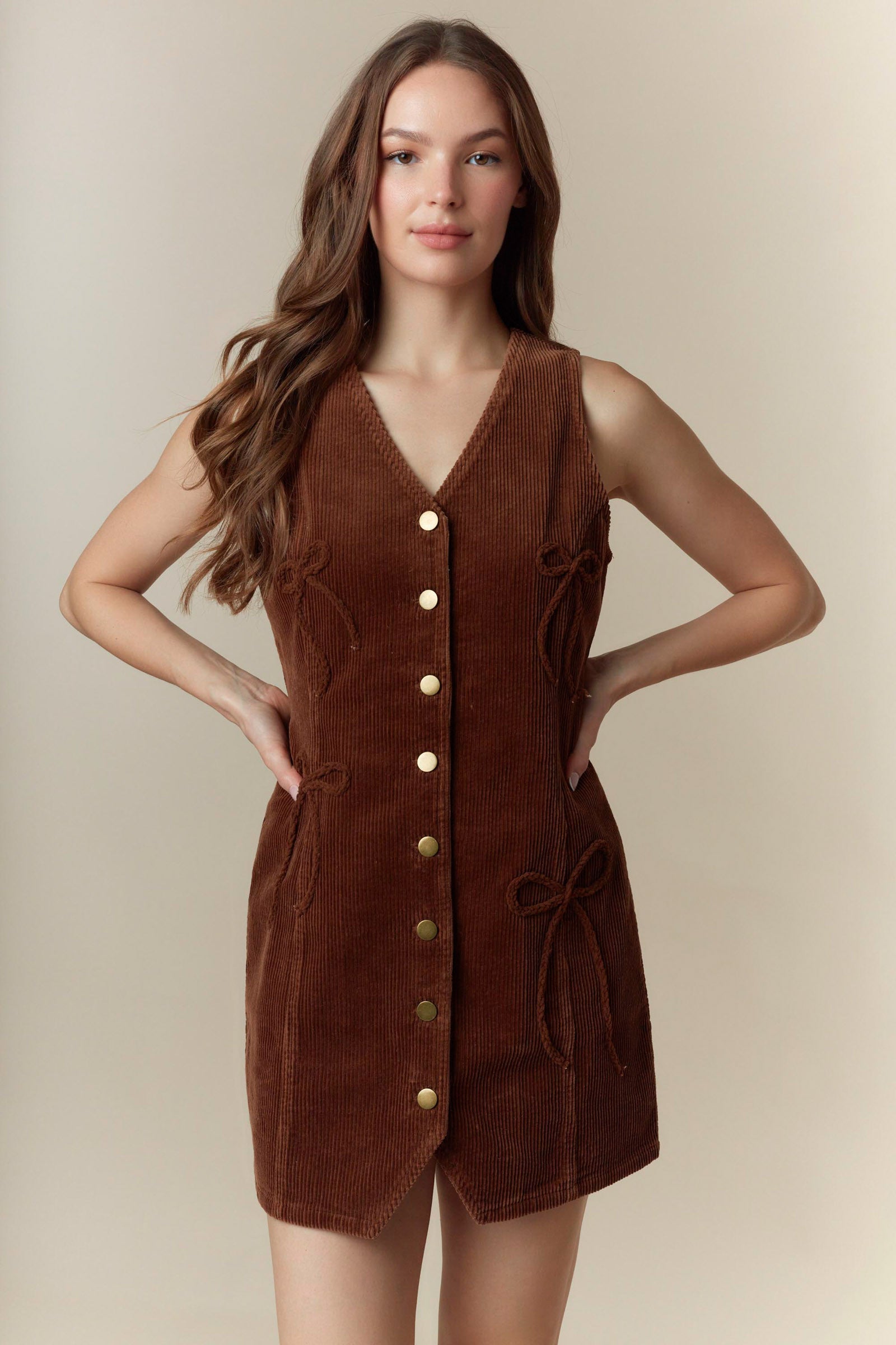 Bow Detailed Corduroy Vest Mini Dress (Brown)