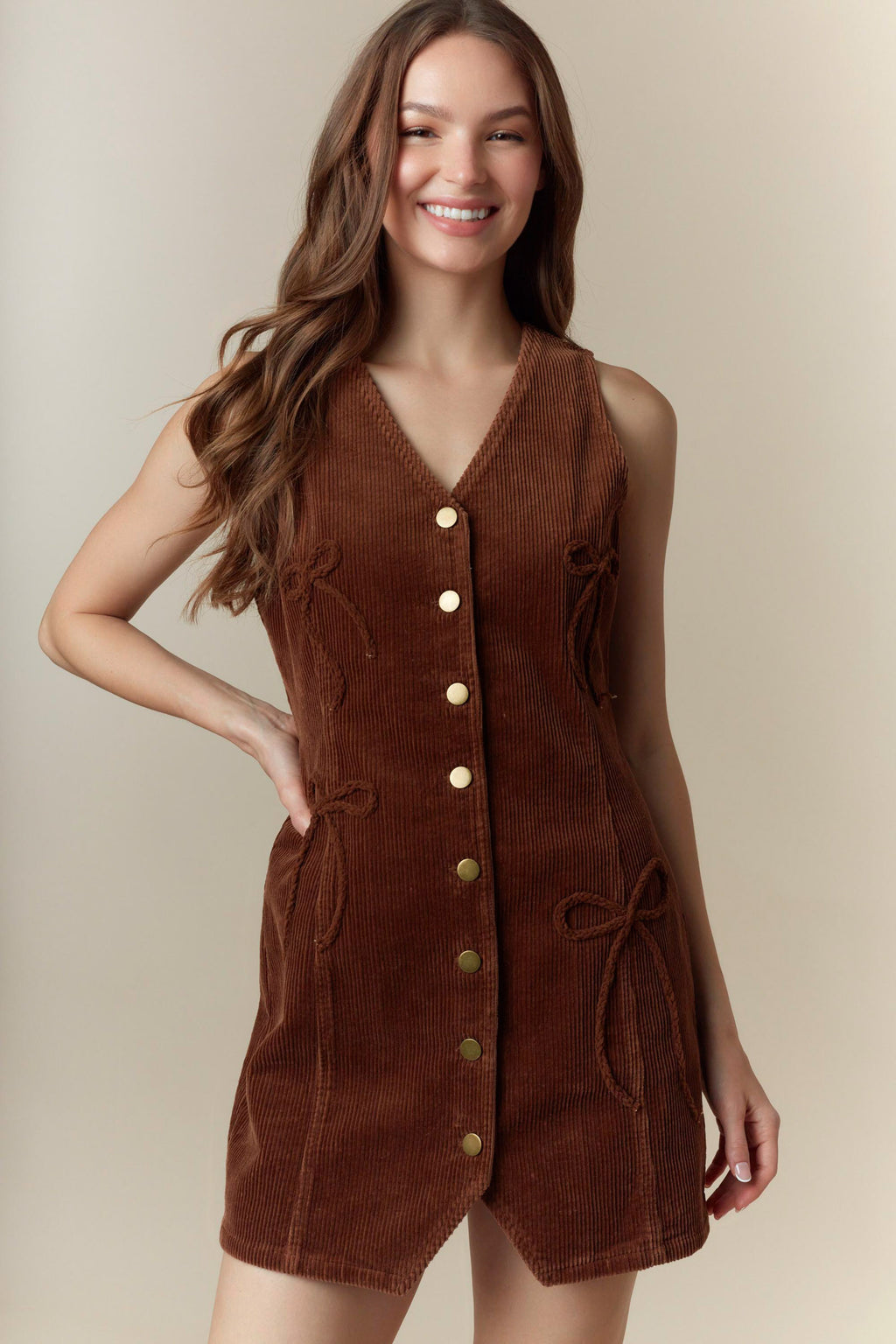 Bow Detailed Corduroy Vest Mini Dress (Brown)
