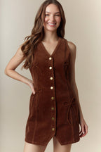 Bow Detailed Corduroy Vest Mini Dress (Brown)
