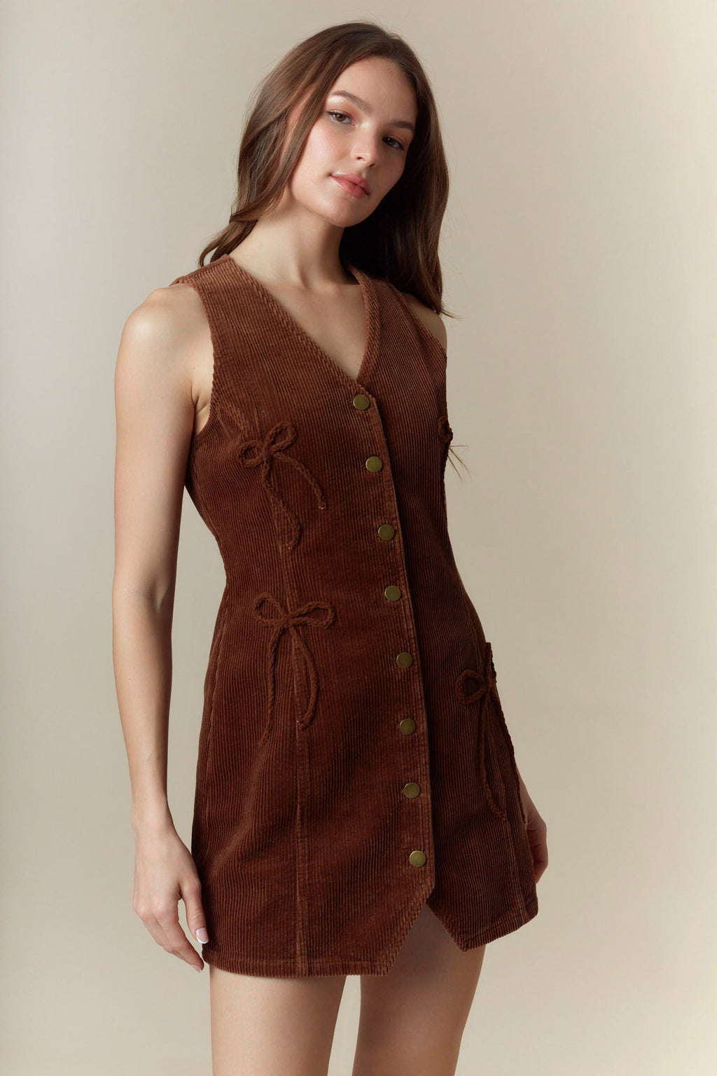 Bow Detailed Corduroy Vest Mini Dress (Brown)