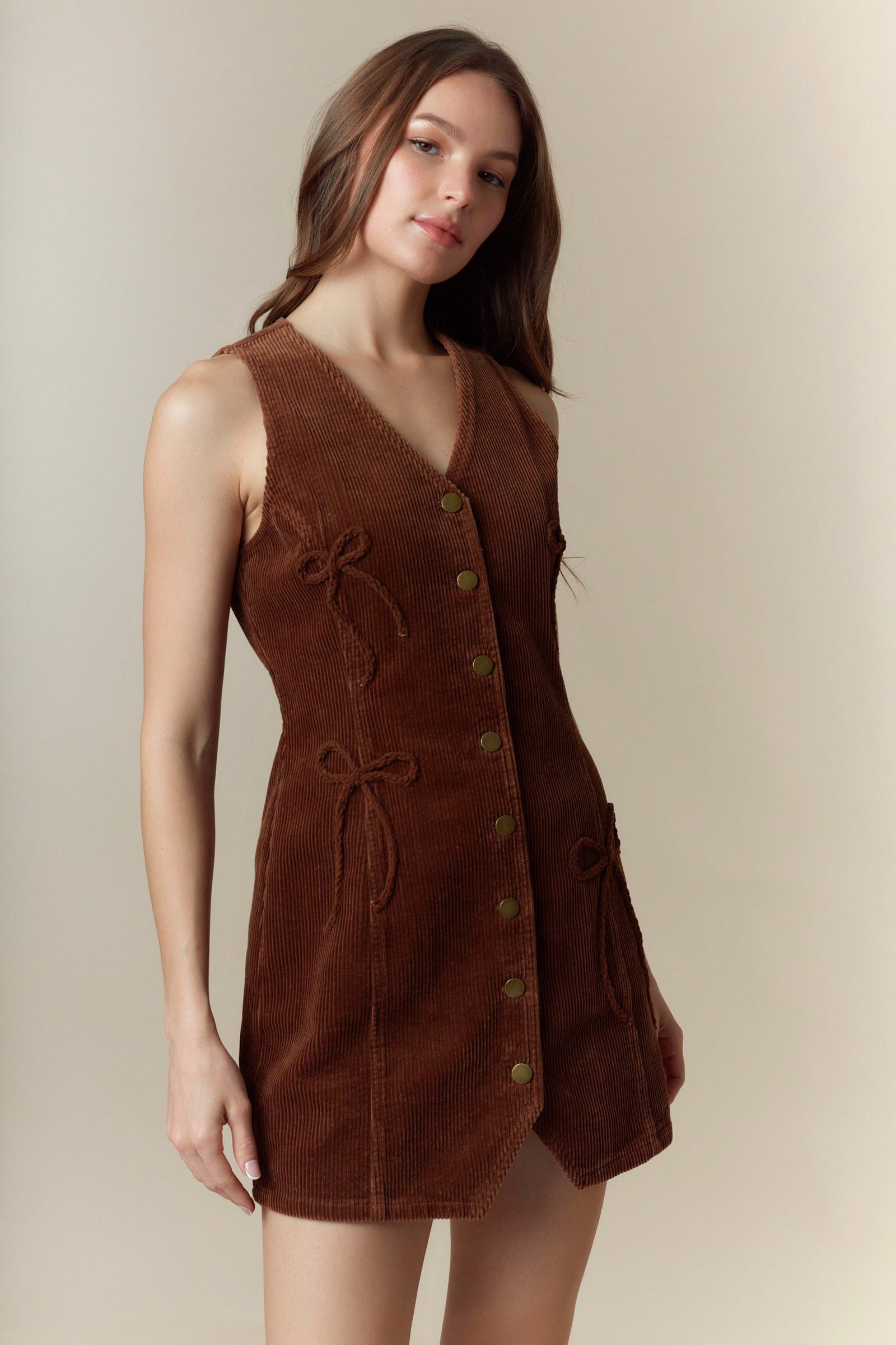 Bow Detailed Corduroy Vest Mini Dress (Brown)
