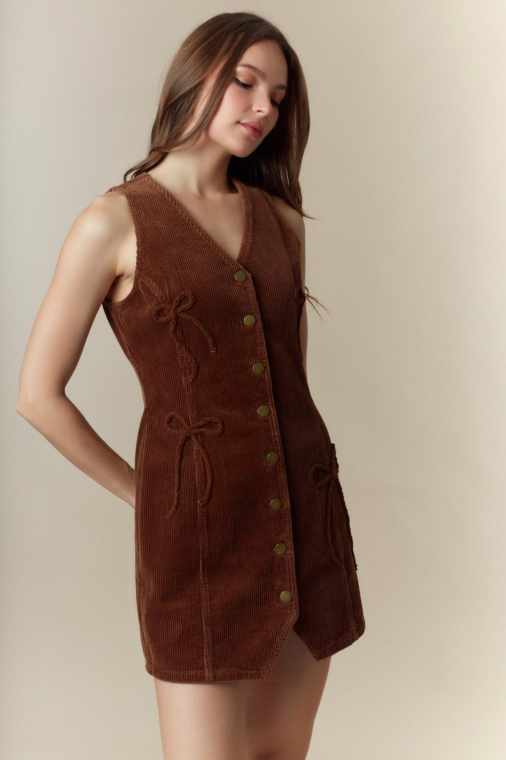 Bow Detailed Corduroy Vest Mini Dress (Brown)