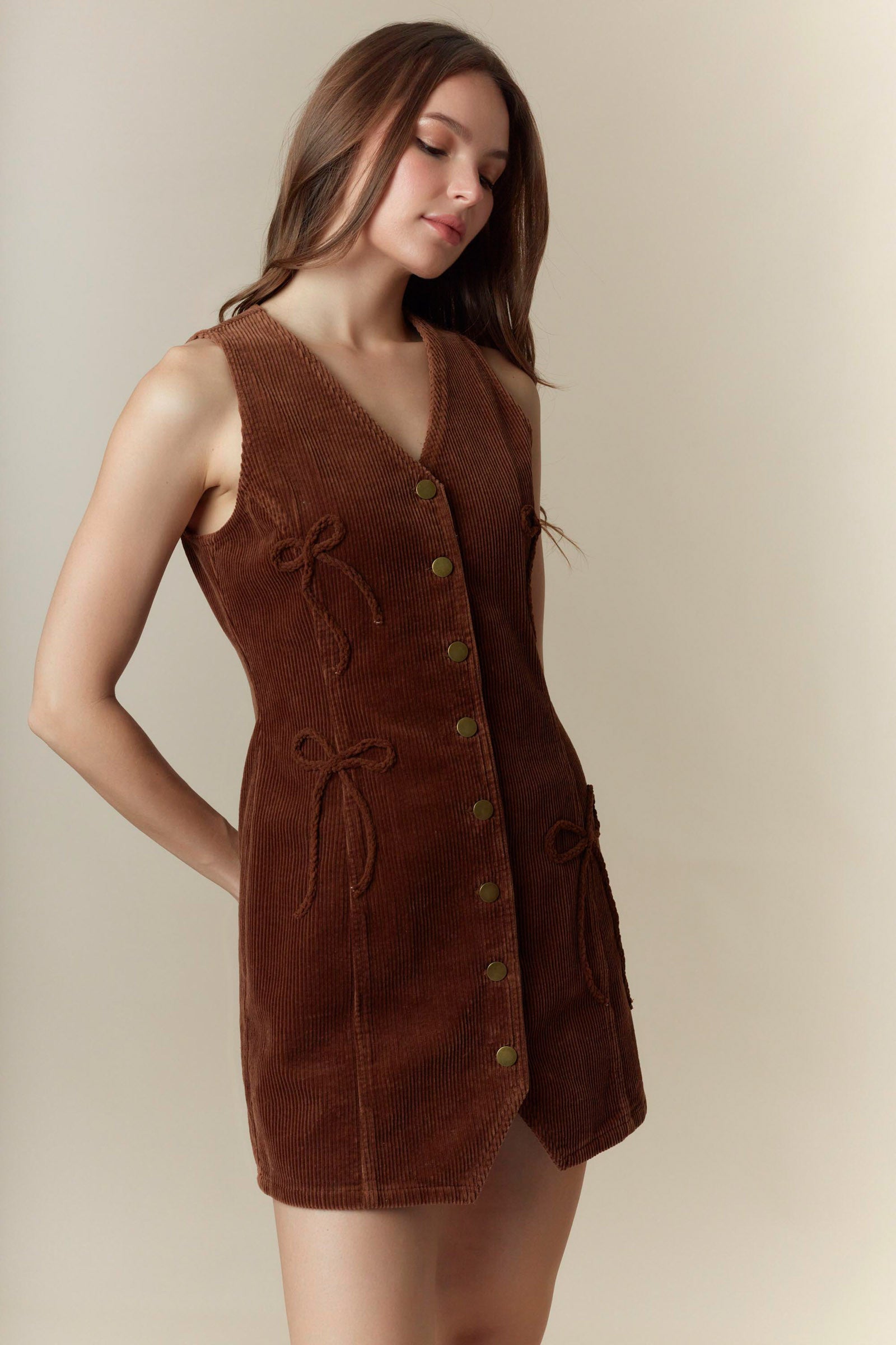 Bow Detailed Corduroy Vest Mini Dress (Brown)
