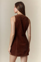 Bow Detailed Corduroy Vest Mini Dress (Brown)