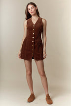 Bow Detailed Corduroy Vest Mini Dress (Brown)