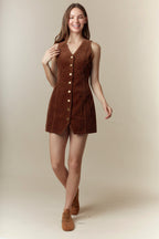 Bow Detailed Corduroy Vest Mini Dress (Brown)