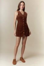 Bow Detailed Corduroy Vest Mini Dress (Brown)