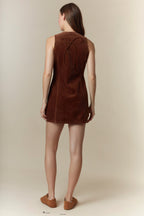 Bow Detailed Corduroy Vest Mini Dress (Brown)