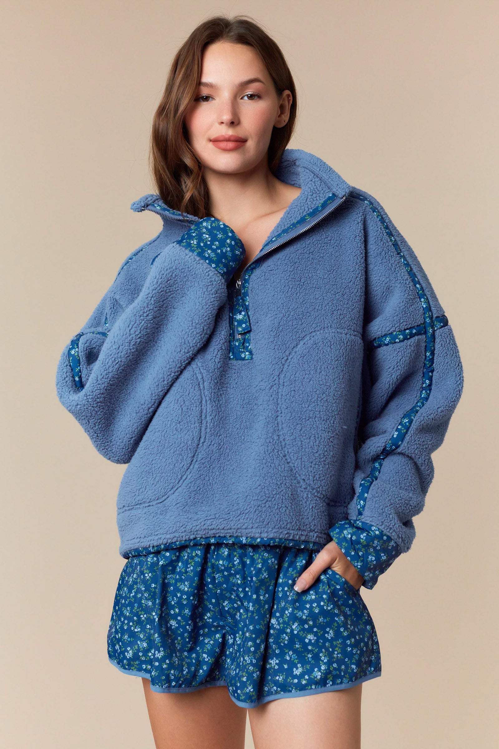 Floral Printed Piping Detail Sherpa Jacket (Blue)