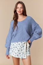 Overseam Detailed Bumpy V Neck Crop Oversized Sweater (Dusty Blue)