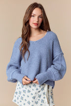 Overseam Detailed Bumpy V Neck Crop Oversized Sweater (Dusty Blue)