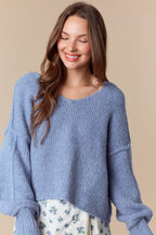 Overseam Detailed Bumpy V Neck Crop Oversized Sweater (Dusty Blue)