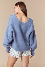 Overseam Detailed Bumpy V Neck Crop Oversized Sweater (Dusty Blue)