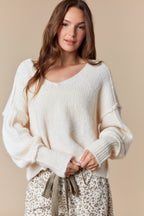 Overseam Detailed Bumpy V Neck Crop Oversized Sweater (Ivory)