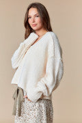 Overseam Detailed Bumpy V Neck Crop Oversized Sweater (Ivory)