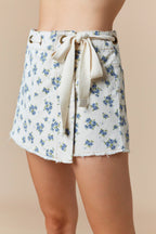 Eyelet Belt Detailed Floral Printed Cotton Twill Denim Wrap Skort (Cream/Blue)