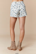 Eyelet Belt Detailed Floral Printed Cotton Twill Denim Wrap Skort (Cream/Blue)